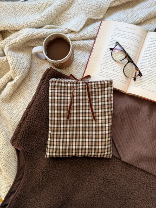 Brown Plaid Bow Book Cover with Velvet Tie Closure - Handmade Bow Book Sleeve Gift for Book Lover