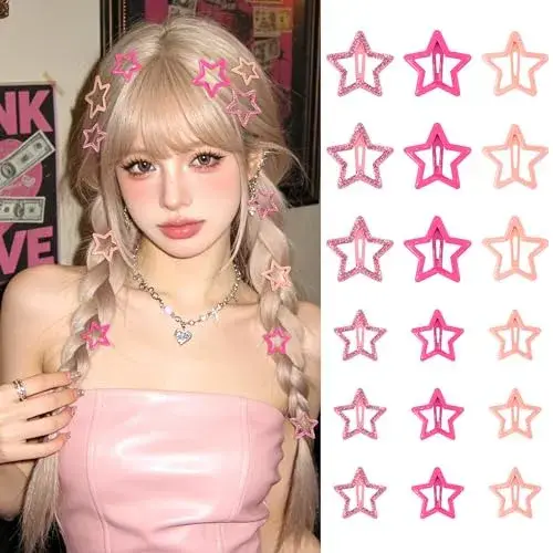VIBILIA 18 Pcs Star Hair Clips Y2K Style Non-Slip Snap Hair Barrettes Assorted Sizes Hair Accessories Pink Metal Hair Clips for Girls Women