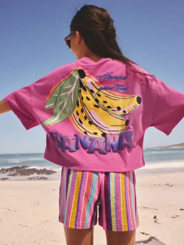 Pink/Stripe Fruit T-Shirt and Textured Shorts Set (3-16yrs)