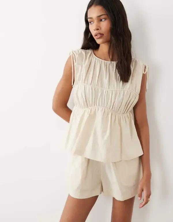 ASOS DESIGN double layer romper with tie detail in oatmeal