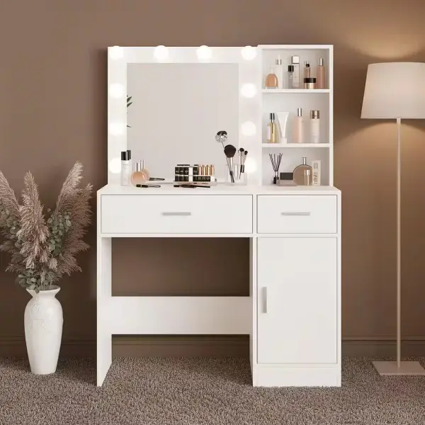 JEAREY White Makeup Vanity Desk Wood Dressing Table With Mirrors, Drawers, Cabinets, Shelves, 3-Color LED Lighted SJSZT-WH - The Home Depot