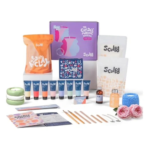 Sculpd Candle Making Pottery Kit for Adults with Air Dry Clay and Acrylic Paint Set, Non-Toxic Eco Soy Wax, Scented Fragrance Oil, Candle Glaze, Tools & Guide, 2 Candles, Peony Rose with Pastel Tones