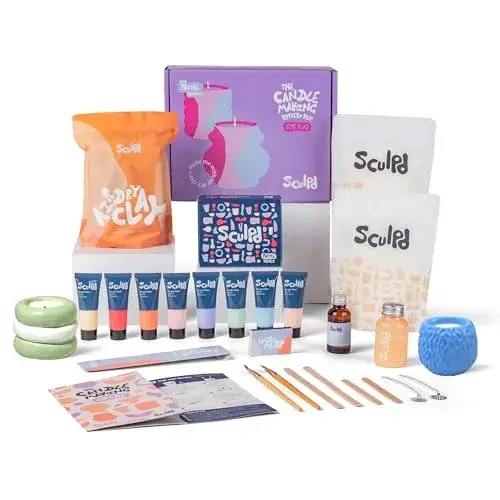 Sculpd Candle Making Pottery Kit for Adults with Air Dry Clay and Acrylic Paint Set, Non-Toxic Eco Soy Wax, Scented Fragrance Oil, Candle Glaze, Tools & Guide, 2 Candles, Peony Rose with Pastel Tones