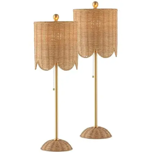 JONATHAN Y 27.5" Brass Gold Coastal Buffet Table Lamp Set of 2 for Bedroom, Boho Table Lamps with Natural Rattan Scalloped Shade, Pull Chain, LED Bulbs Included JYL1138A-SET2