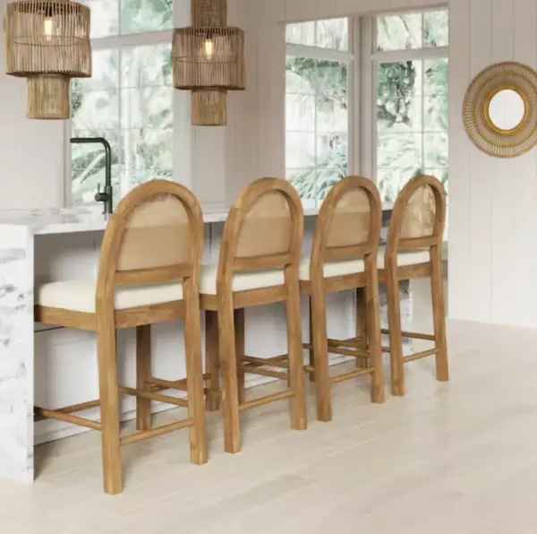 Nathan James Bailey 24 in. Upholstered Boucle Rattan and Wood Counter Height Bar Stool w/ Woven Back, Cream Boucle/Brown, Set of 4 23202-4 - The Home Depot