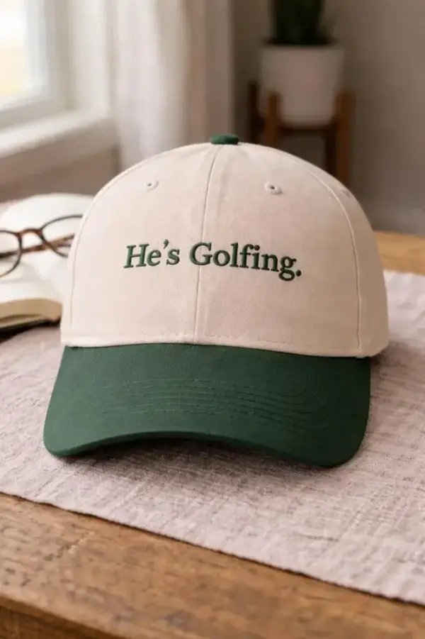 Embroidered Golf Hat, He's Golfing Cap, Vintage Dad Hat, Funny Golf Hat, Unisex Baseball Cap, Gift for Golfer, Minimalist Embroidery Hat