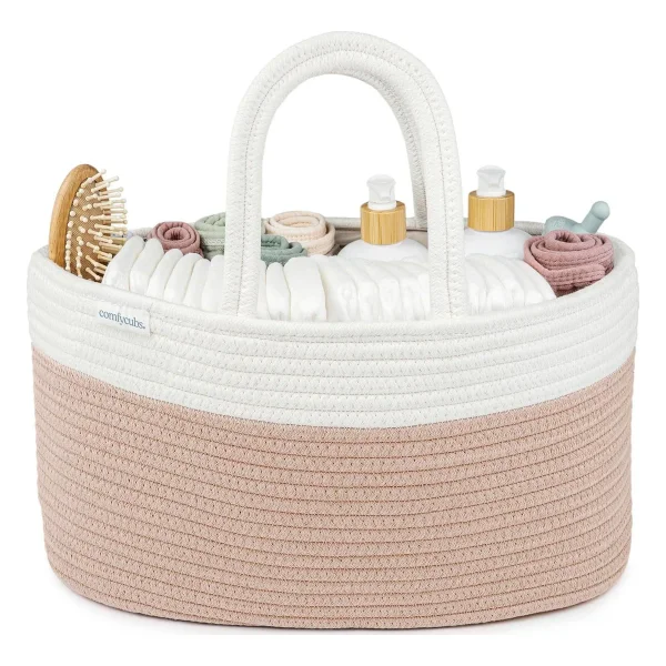 Comfy Cubs Rope Diaper Caddy Organizer with 3 Compartments - Blush