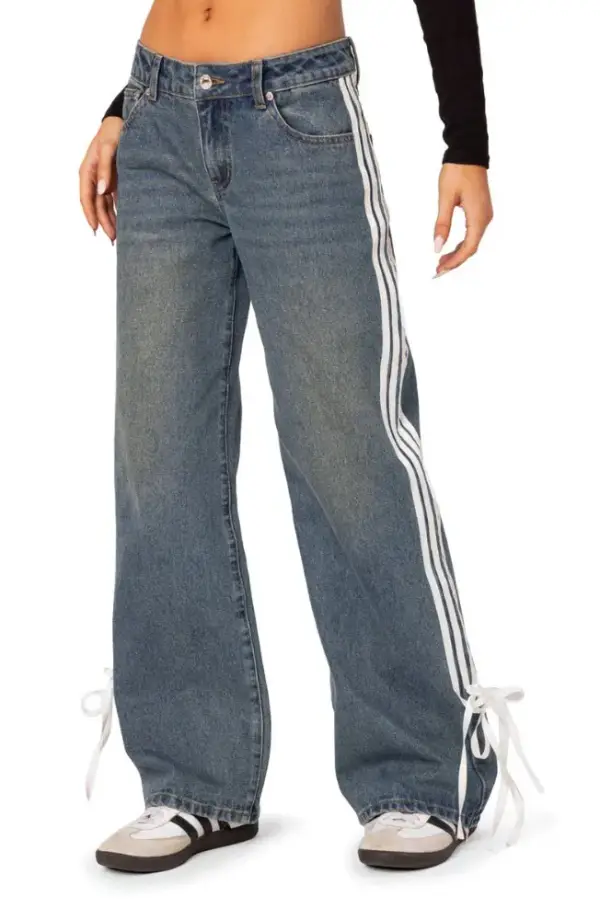 Mattie Side Stripe Bow Low Rise Wide Leg Jeans