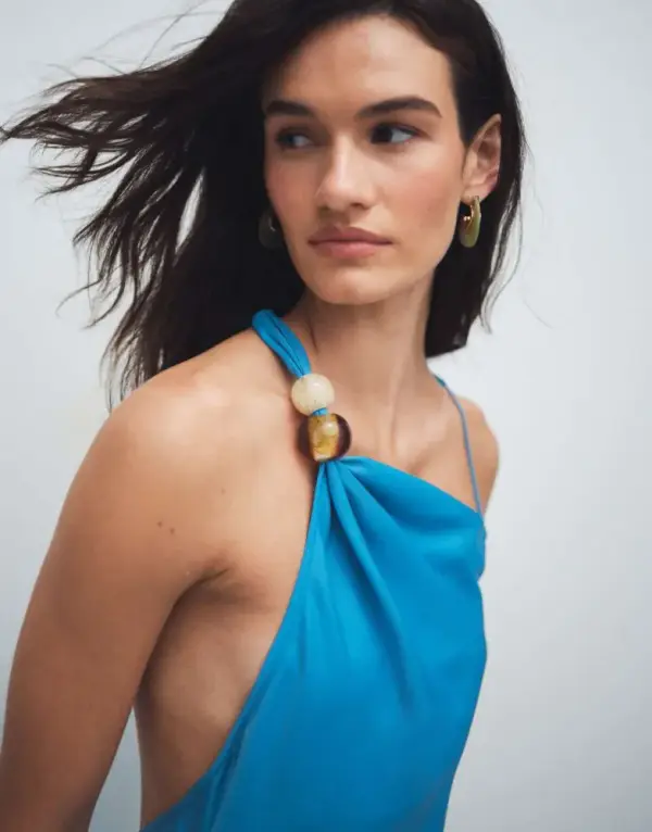 Topshop asymmetric beaded neck satin occasion maxi dress in blue