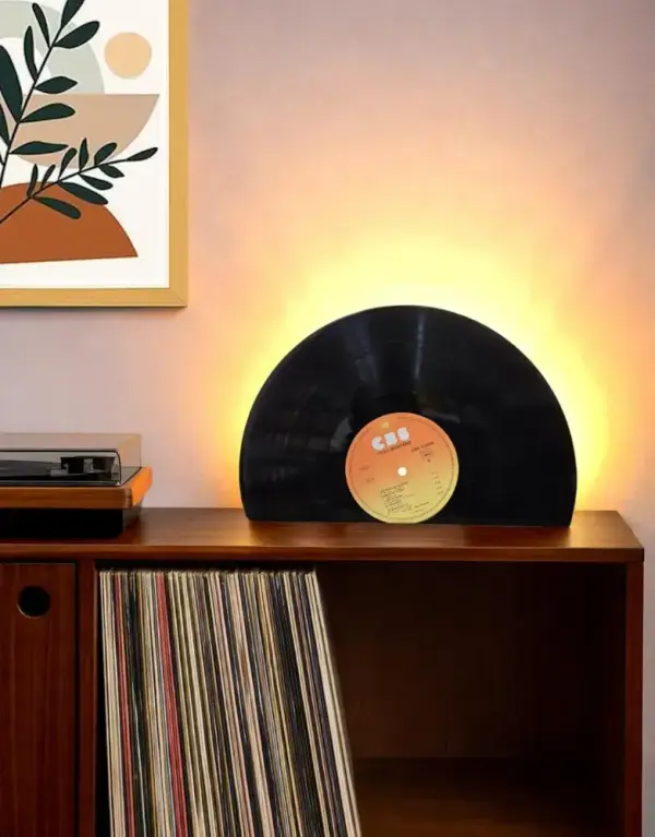 Vinyl Record Table Lamp – Handmade Upcycled Vinyl Lamp – Retro Music Decor – Unique Gift for Music Lovers - warm light
