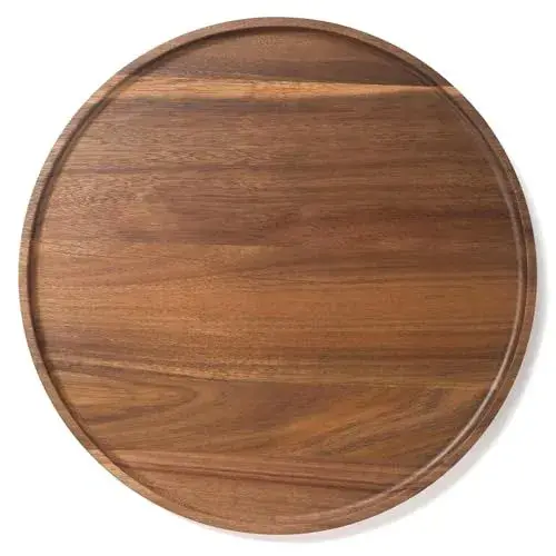 Round Wood Tray, Acacia Wooden Decorative Serving Tray for Coffee Table and Home Decor, Wooden Appetizer Charcuterie Board for Kitchen Countertop (11.8 inch)