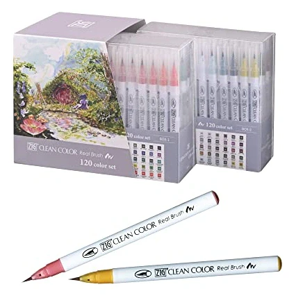 Kuretake Zig Clean Color Real Brush 120 colors set, Brush tip marker pens, for Professional and Artist, coloring, drawing, calligraphy, lettering, Made in Japan