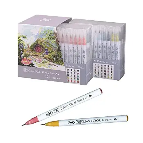 Kuretake Zig Clean Color Real Brush 120 colors set, Brush tip marker pens, for Professional and Artist, coloring, drawing, calligraphy, lettering, Made in Japan