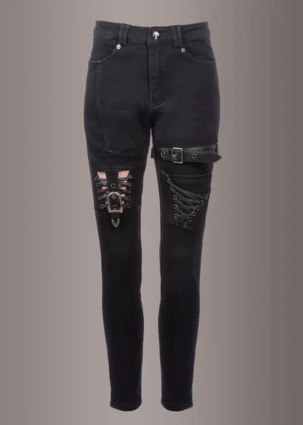 Punk Rave Black Denim Lace Up Jeans