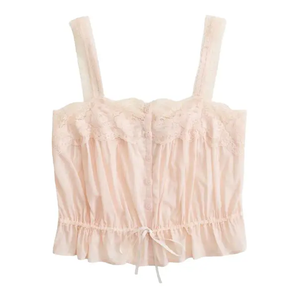Lace-Trim Cinched Button-Through Cami Top