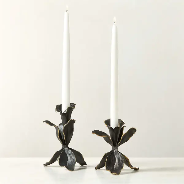Iris Blackened Brass Taper Candle Holders Set Of 2