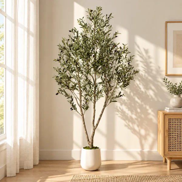 Romswi 7 ft. Artificial Olive Tree Indoor, Tall Faux Olive Silk Plant in White Planter for Home Office Decor Housewarming Gift ATA-7956-Rwi - The Home Depot