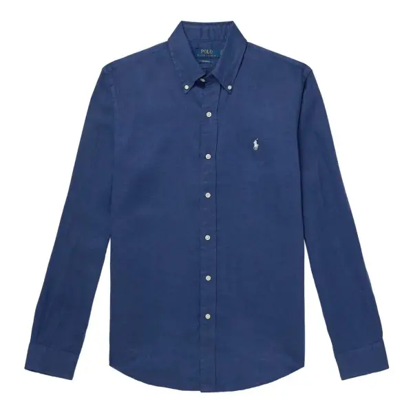 Button-Down Collar Logo-Embroidered Linen Shirt