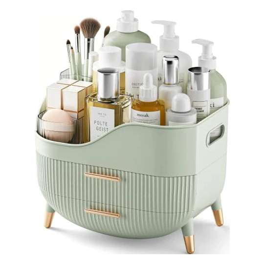 Pajiriona Makeup Organizer with Drawers, Green Skincare Organizer for Vanity, Storage Box with Handle, Large Cosmetic Display Case for Dresser, Bathroom Countertop