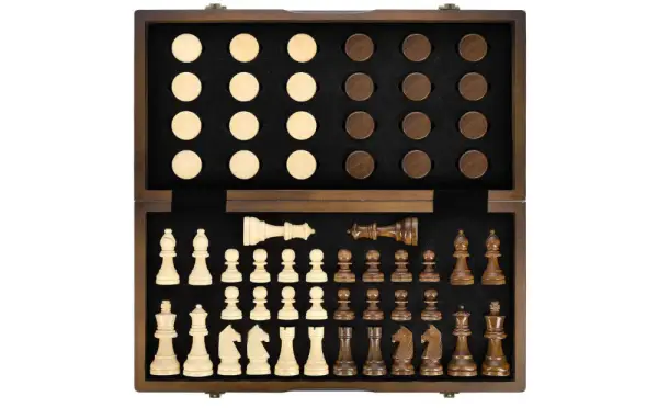 AMEROUS Magnetic Wooden Chess and Checkers Game Set, 15 Inches (2 in 1) Chess Board Games, 2 Extra Queens - Gift Package - Game Pieces Storage Slots, Beginner Chess Set for Kids, Adults