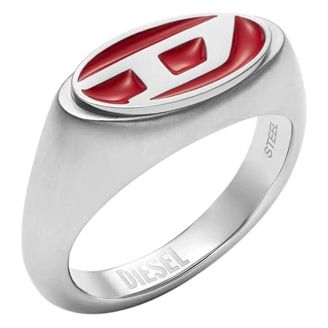 Diesel Men's Red Lacquer and Silver Stainless Steel Logo Signet Ring (Model: DX1444040)