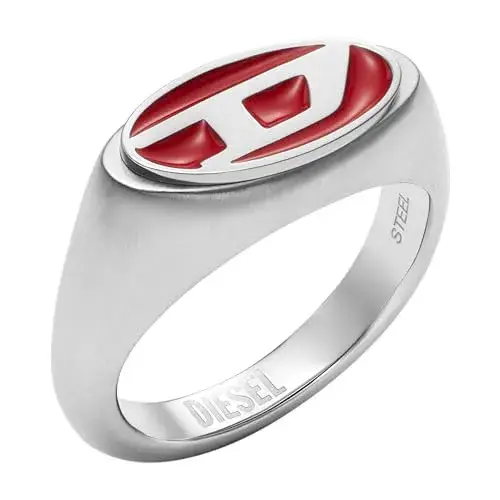 Diesel Men's Red Lacquer and Silver Stainless Steel Logo Signet Ring (Model: DX1444040)