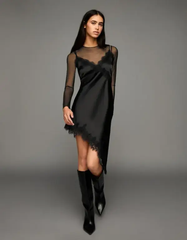Asymmetric lace sateen strappy dress