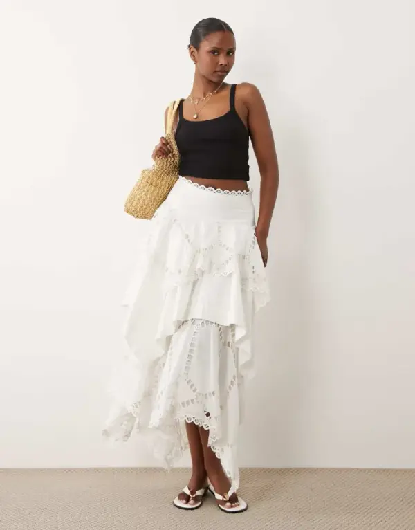 ASOS DESIGN cutwork broderie detail asymmetric midi skirt in white