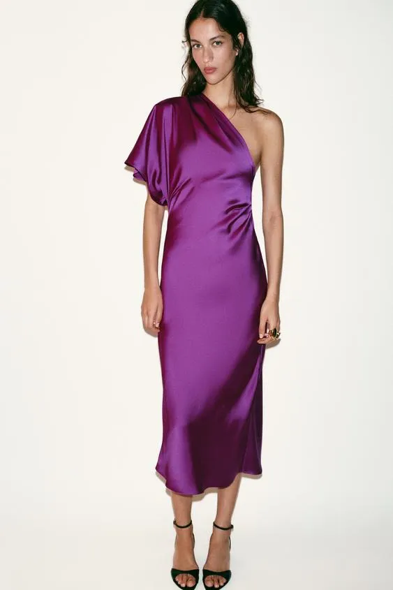 ASYMMETRIC SATIN MIDI DRESS
