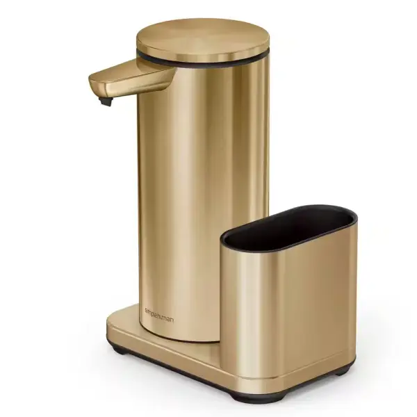 simplehuman 14 oz. Sensor Pump with Caddy, Touch-Free Hand Soap Dispenser with Sponge Holder, Brass Steel ST1080 - The Home Depot