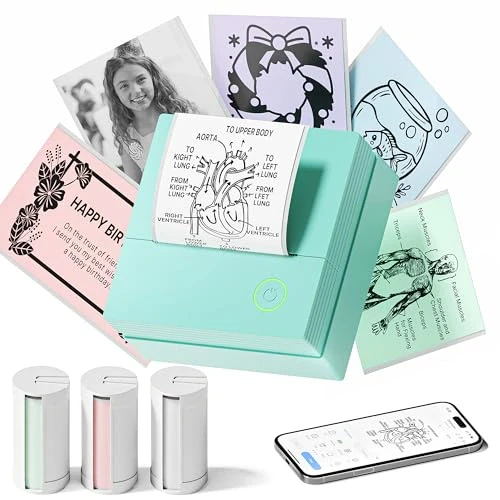 TYPONOS Sticker Printer, PM290 Mini Printer, Bluetooth Sticker Maker Machine with 3 Rolls Paper, Portable Print Pod for Study Notes, Journal, Lists, Pictures, DIY Gifts for School Office Home, Green