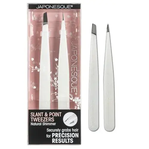 JAPONESQUE Pointed & Slant Tweezers Natural Shimmer Set, Precision Crafted, Hand Sharpened Tips for Shaping and Defining Brows