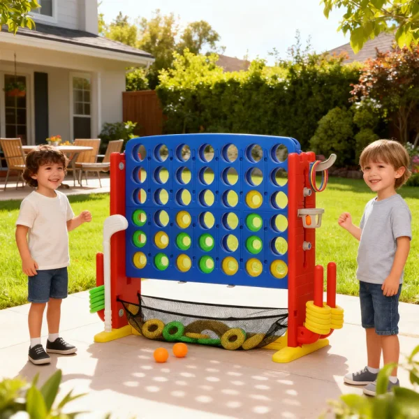 YUKOOL Jumbo 4-To-Score Connect Game Set: Height-Adjustable Yard Game With Golf, Basketball Hoop, Ring Toss & Mesh Bag For Kids & Adults, Red | Wayfair