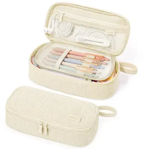 SUNEE Cute Pencil Case, Soft Corduroy Large Capacity Pencil Pouch, Aesthetic Zipper Pencil Bag, Big Storage Pen Organizer for Stationery, Pencil Box Back to School Supplies for Teen Girls Boys, Beige