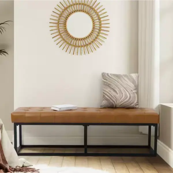 JAYDEN CREATION Gabino 60 in. Wide Camel Genuine Leather Bedroom Bench with Metal Base ZBELB0197-CML - The Home Depot