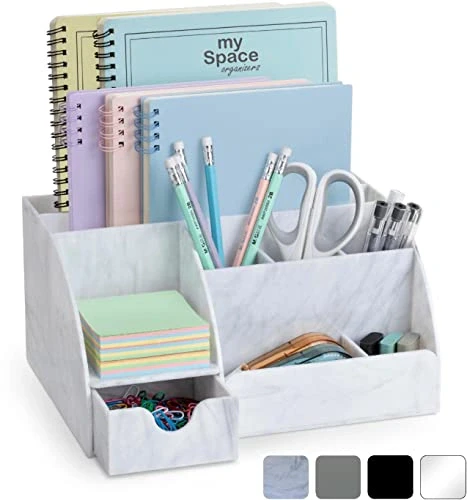 My Space Organizers Marble Desk Organizer For Office Supplies And Accessories - 9 Sections - Pencil Pen Holder Storage - Desktop Organization Decor Essentials (White Grey Marble)