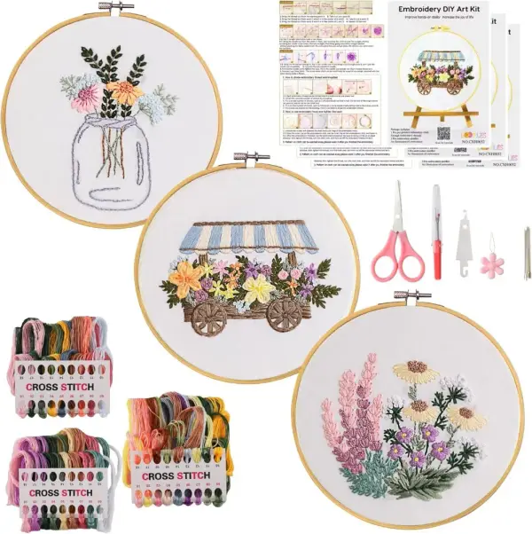 Embroidery Kit for Beginners 3 Stamped Floral Patterns