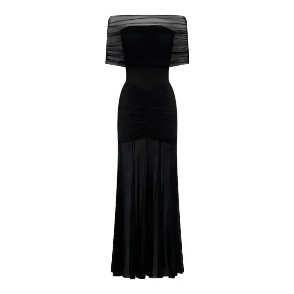 Caspian Slinky And Mesh Off Shoulder Maxi Dress