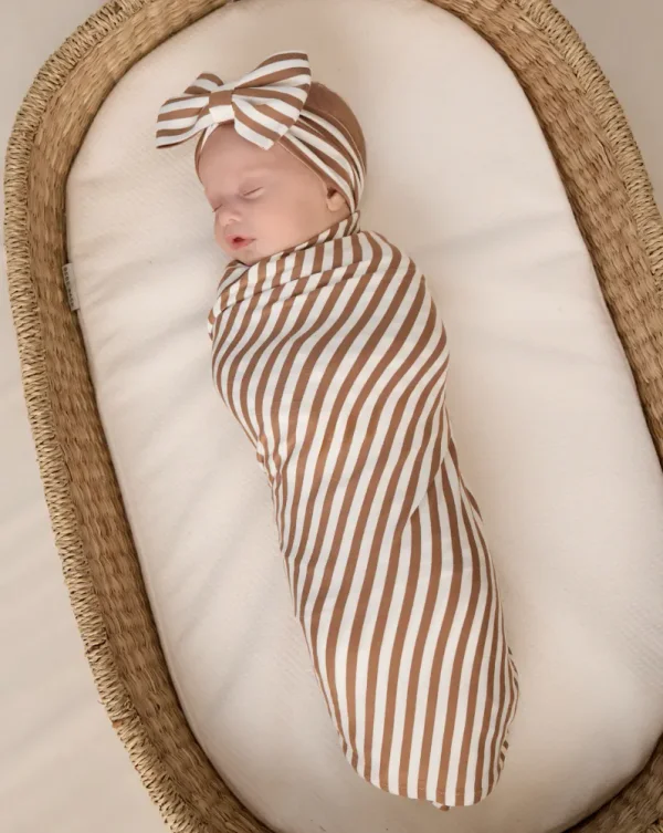 Chestnut Brown Stripe Swaddle & Luxe Bow Headband Set