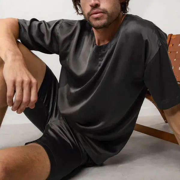 Men's Washable Silk Button Up Short Set