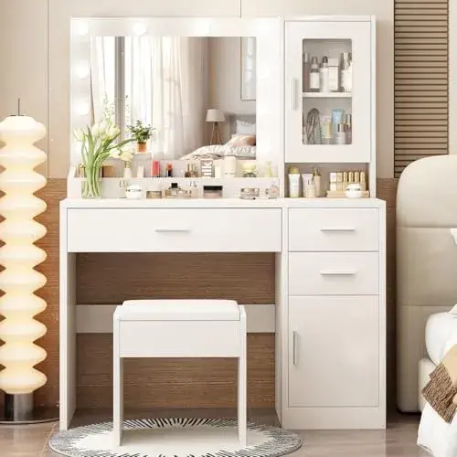 ENDYOE Makeup Vanity Desk Set with LED Lights Mirror Chair, Vanity Table with 7 Storage Shelves and 3 Drawers,3 Lighting Modes Adjustable Brightness Dressing Table for Bedroom,White