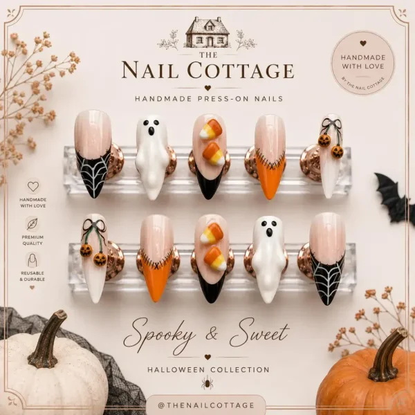Halloween Press On Nails | Spooky Ghost Candy Corn Pumpkin Nails | Handmade Halloween Fake Nails | Cute Halloween Nail Set