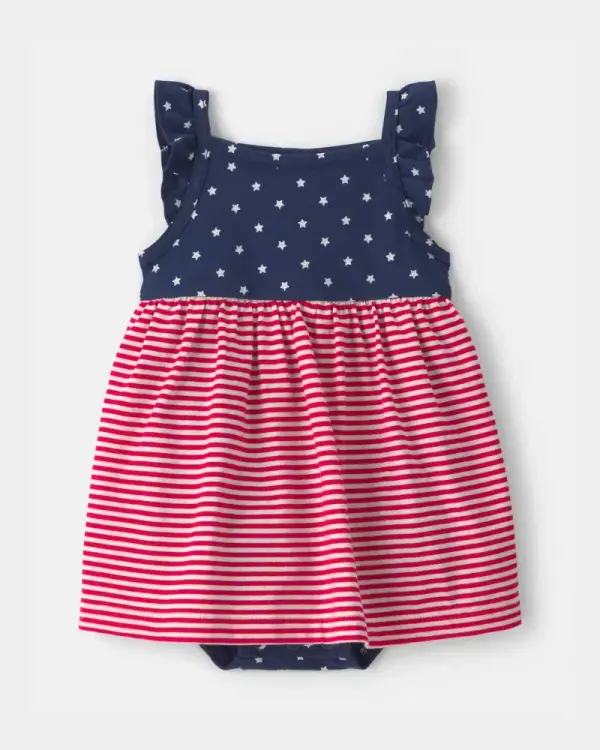Baby Girl American Flag Sleeveless Bodysuit Dress - Red/Navy Blue