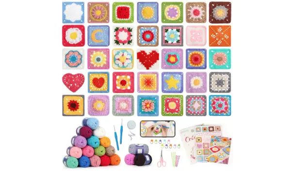 Katech Crochet Kit for Beginners, 50 Granny Squares Crochet Kits for Adults Beginner Learn to Crochets w/Step-by-Step Video Tuturials, Knitting Kit w/1378yds Yarn Granny Square Card Deck- 80% Cotton