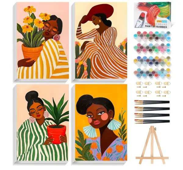 Okarina 4 Pack Paint by Numbers Kit for Adults with Frame African Women, Framed Paint by Number for Adults Beginner with Wooden Easel, DIY Painting by Numbers Canvas Framed for Home Decor 8 x 12 Inch