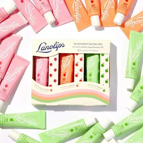 Lanolips 101 Ointment Fruities Trio - Fruity Lip Balm Gift Set & Stocking Stuffer - Strawberry, Peach & Green Apple Flavored Lip Moisturizer for Dry Lips - Dermatologist Tested (10g / 0.35oz each)