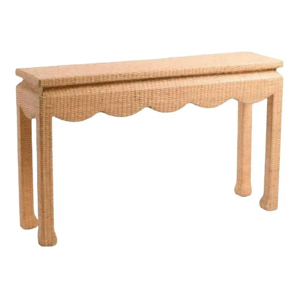 52in Wood And Rattan Scalloped Console Table
