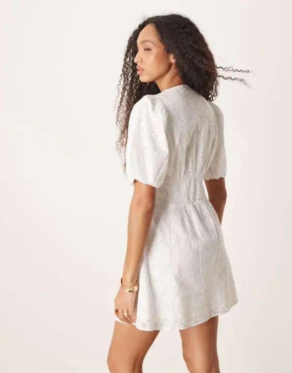 Gina Tricot long sleeve eyelet v neck graduation mini dress in off white