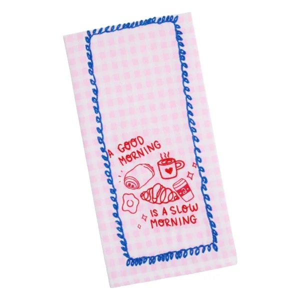 Pink Checkered Morning Pastry Embroidered Kitchen Towel