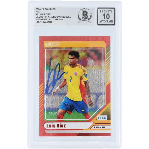Luis Diaz Colombia National Team Autographed 2024-25 Panini Donruss Red #91 #/99 Beckett Fanatics Witnessed Authenticated Auto 10 Card